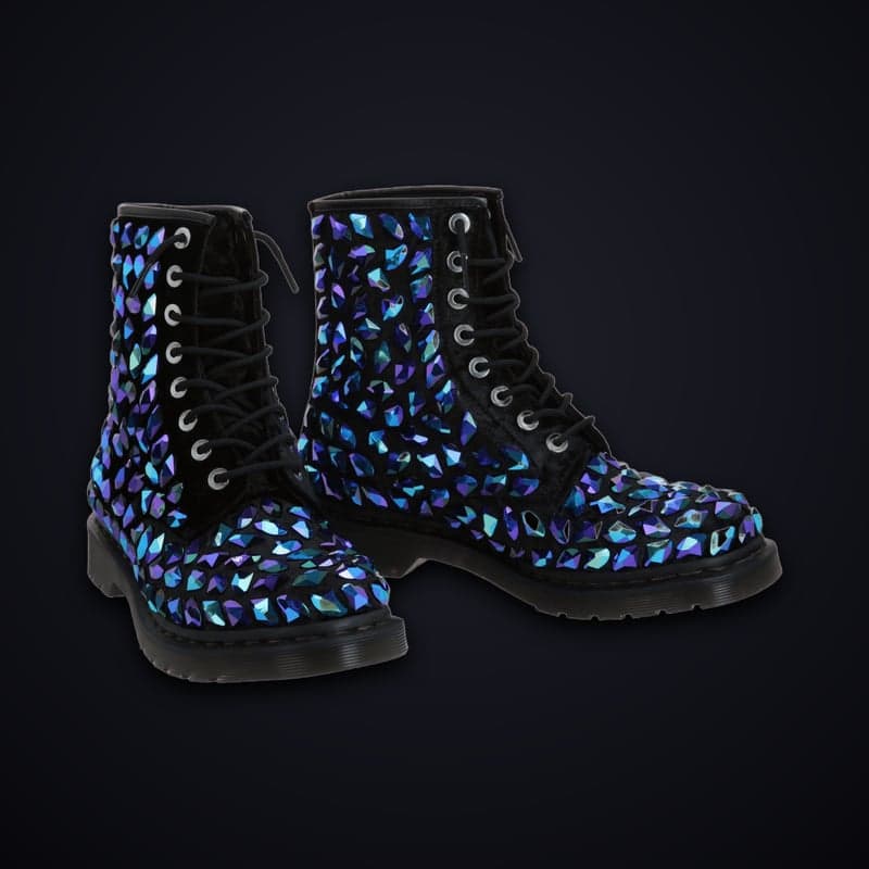 Galaxy Boot -- black boots with hand-set rhinestone constellations on the graphite studio sweep
