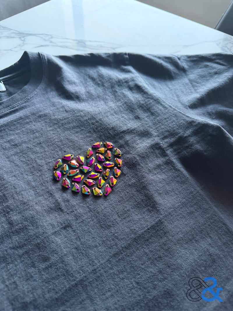 Galaxy Heart -- iridescent rhinestone heart on left chest