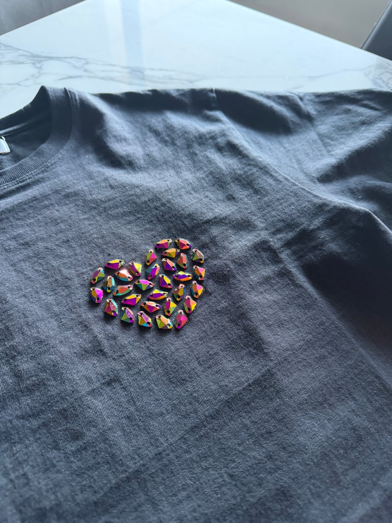 Galaxy Heart -- iridescent rhinestone heart on left chest