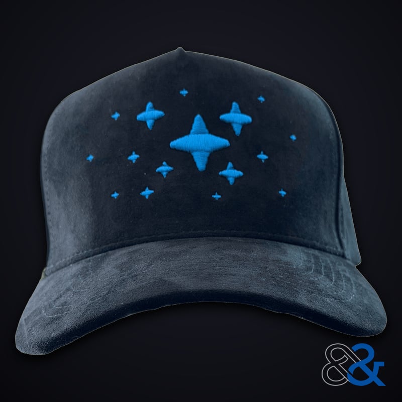 Sparkle Cap -- black suede 5-panel with blue 3D puff star embroidery