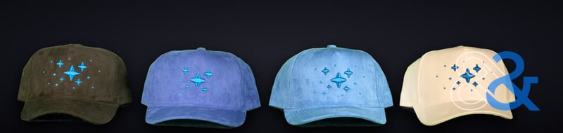 Sparkle Cap -- the full colourway lineup (suede & corduroy 5-panels) with blue 3D puff star embroidery on the graphite studio sweep