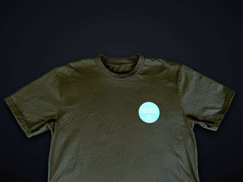 sqUEEZEme -- "Squeeze Me" sticker tee, front view